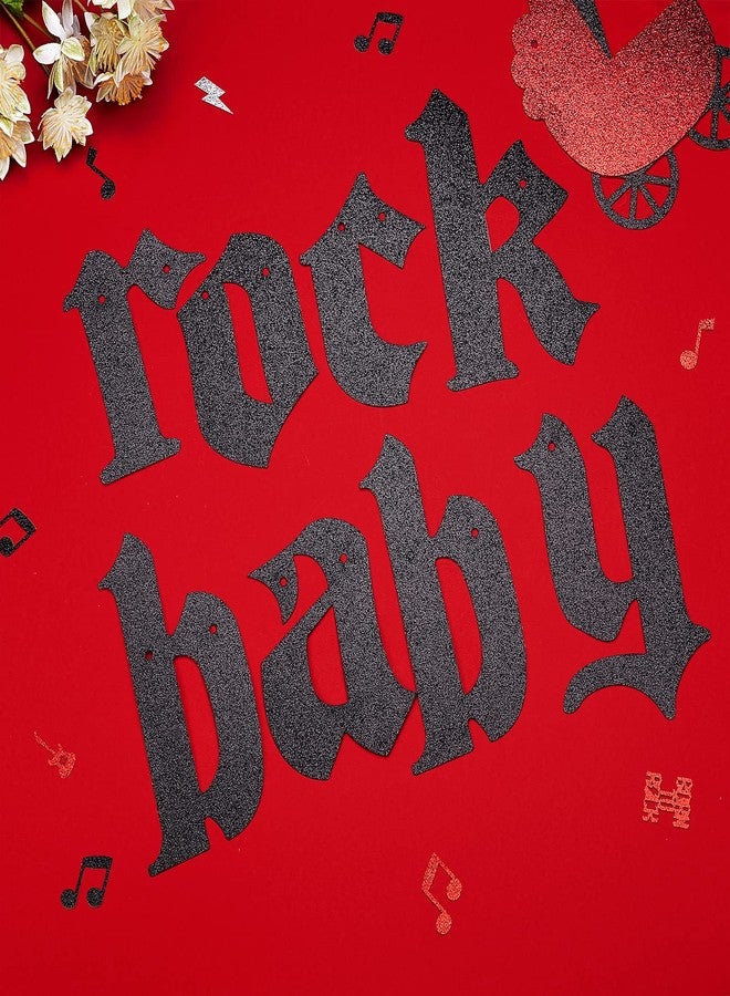 Cheereveal زينة لحفل استقبال مولود جديد بطابع موسيقى الروك، لافتة "Rock A Bye Baby" مزينة ببريق أحمر وأسود، لافتة "Born to Rock" بنوتة موسيقية لحفل استقبال مولود جديد بطابع موسيقى الروك - Image 3